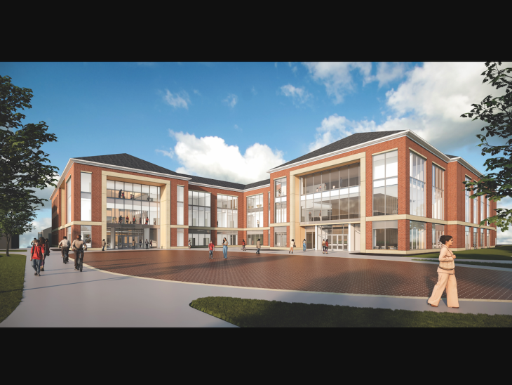 A rendering of the courtyard and main entrance of the new HealthEU Center to be built at Elon.